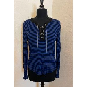 Verve Ami Blue and Black Striped Chain Lace Up Top - Sz M